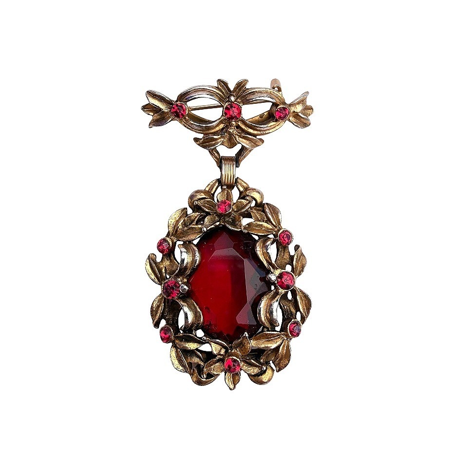 Vintage Brooch Pendant Red Rhinestone Floral Victorian Style Costume Jewelry